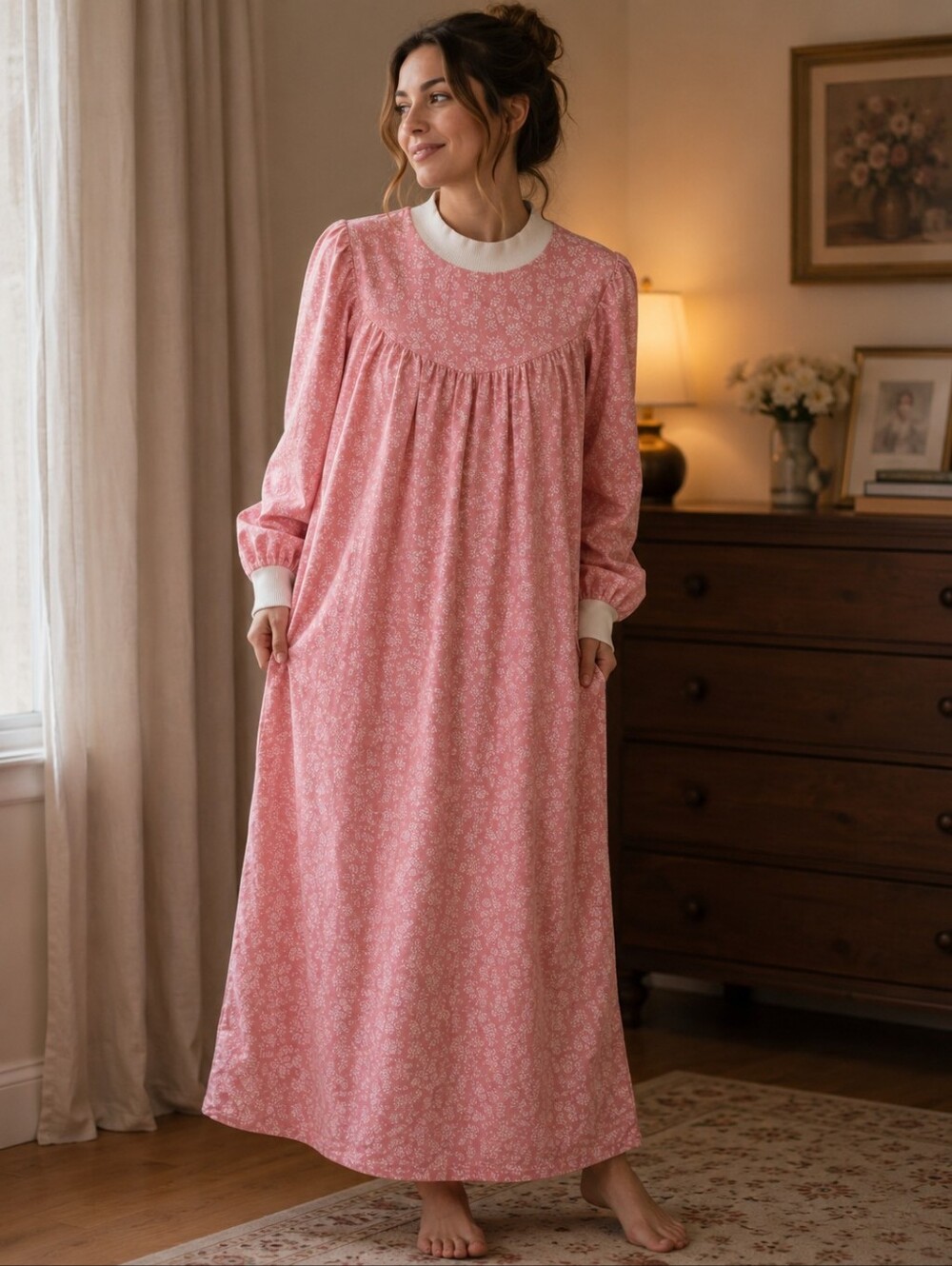 Lanz Of Salzburg Pink Floral Long-Sleeve Nightgown with Contrast Collar